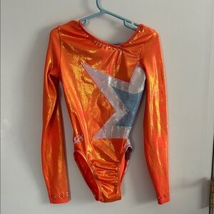 GK Elite Shimmering Orange, Silver and blue Leotard girls size large